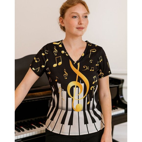 Womens Piano Keys Music Notes Graphic Tee Size XL Black Gold V Neck Shirt Singer - Picture 1 of 10
